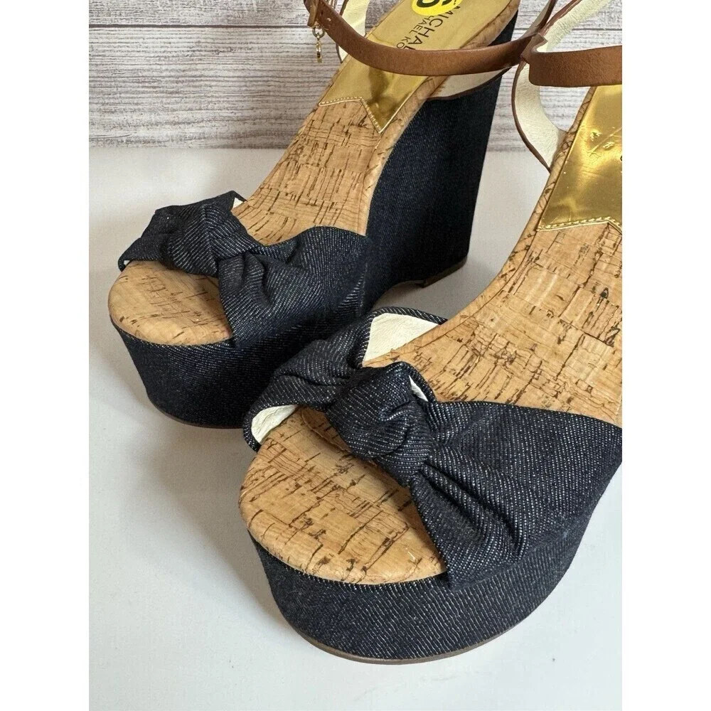 Michael Kors Denim Cork Wedge Sandals Size 9  Ankle Strap Espadrille Heels